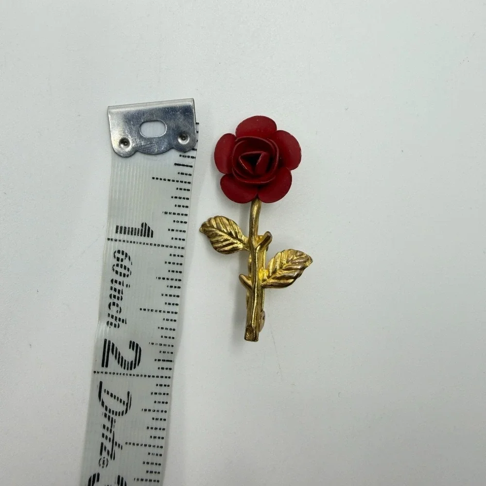 Red Enamel Rose Brooch Gold Tone Flower Pin Romantic Floral Statement Gift